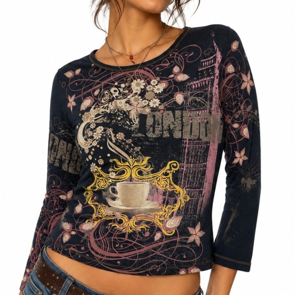 Vintage Y2K Suzie London Graphic Tee Black 3/4 Sleeve Rhinestone Big Ben Women L